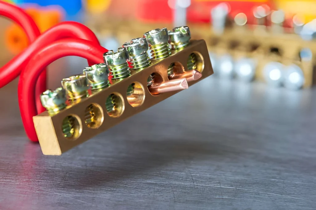 Terminal bar with cable wire in electrical installation close up