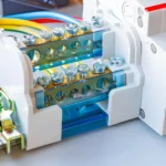 Wire terminal with automatic circuit breaker installed on a DIN rail
