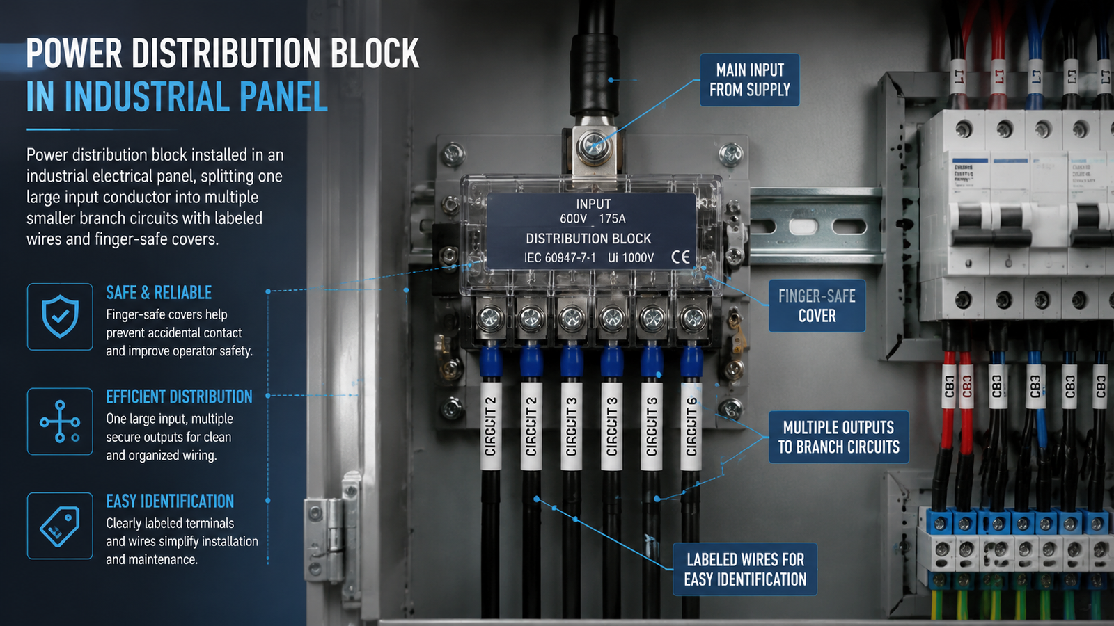 Power distribution block installed in an industrial electrical panel splitting one input into multiple circuits
