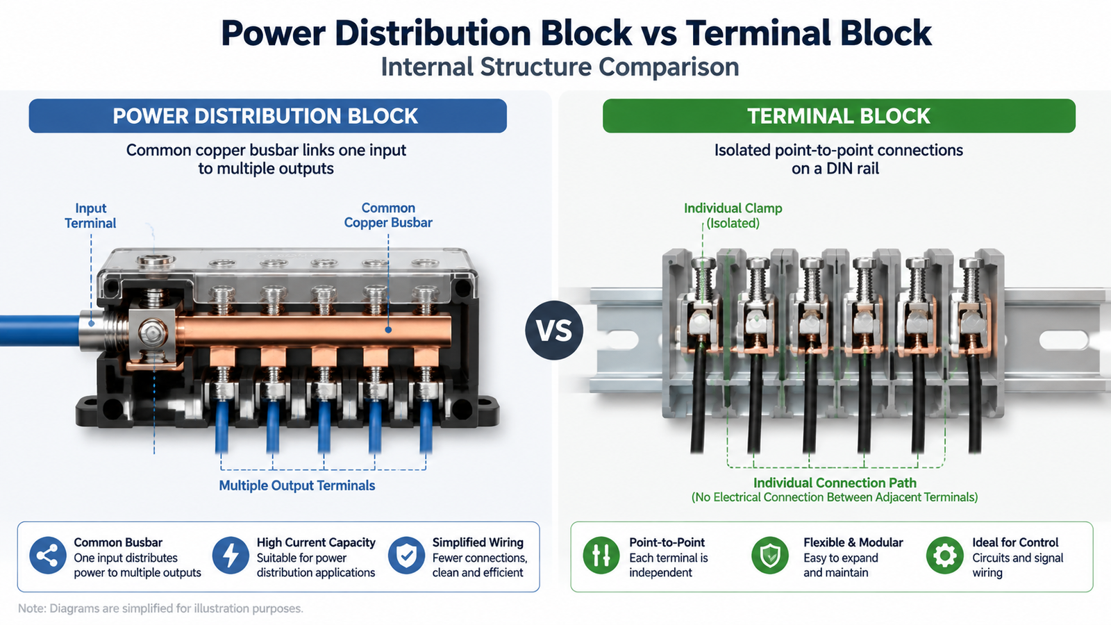 Technical diagram comparing the internal structure of a power distribution block and a terminal block