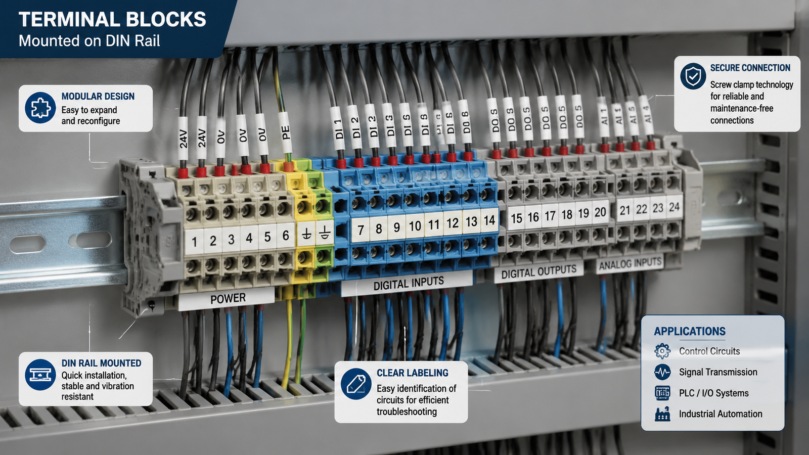 Terminal blocks mounted on a DIN rail inside a control cabinet with labeled wires