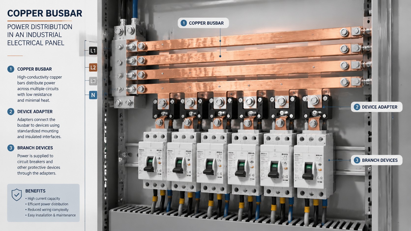 Copper busbar distributing power across an industrial electrical panel with device adapters