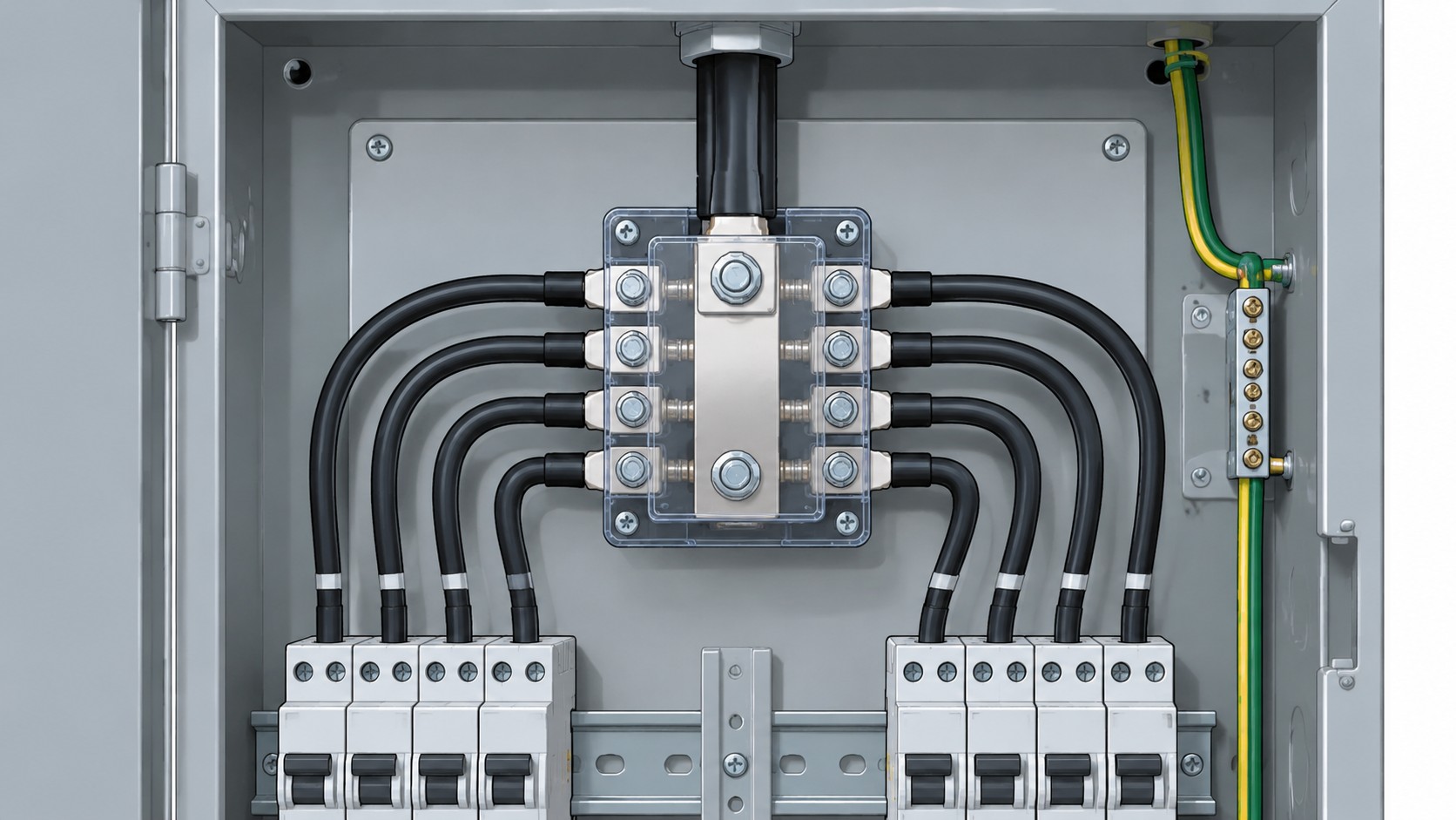 Power distribution blocks installed in an electrical panel splitting one feeder into multiple branch circuits
