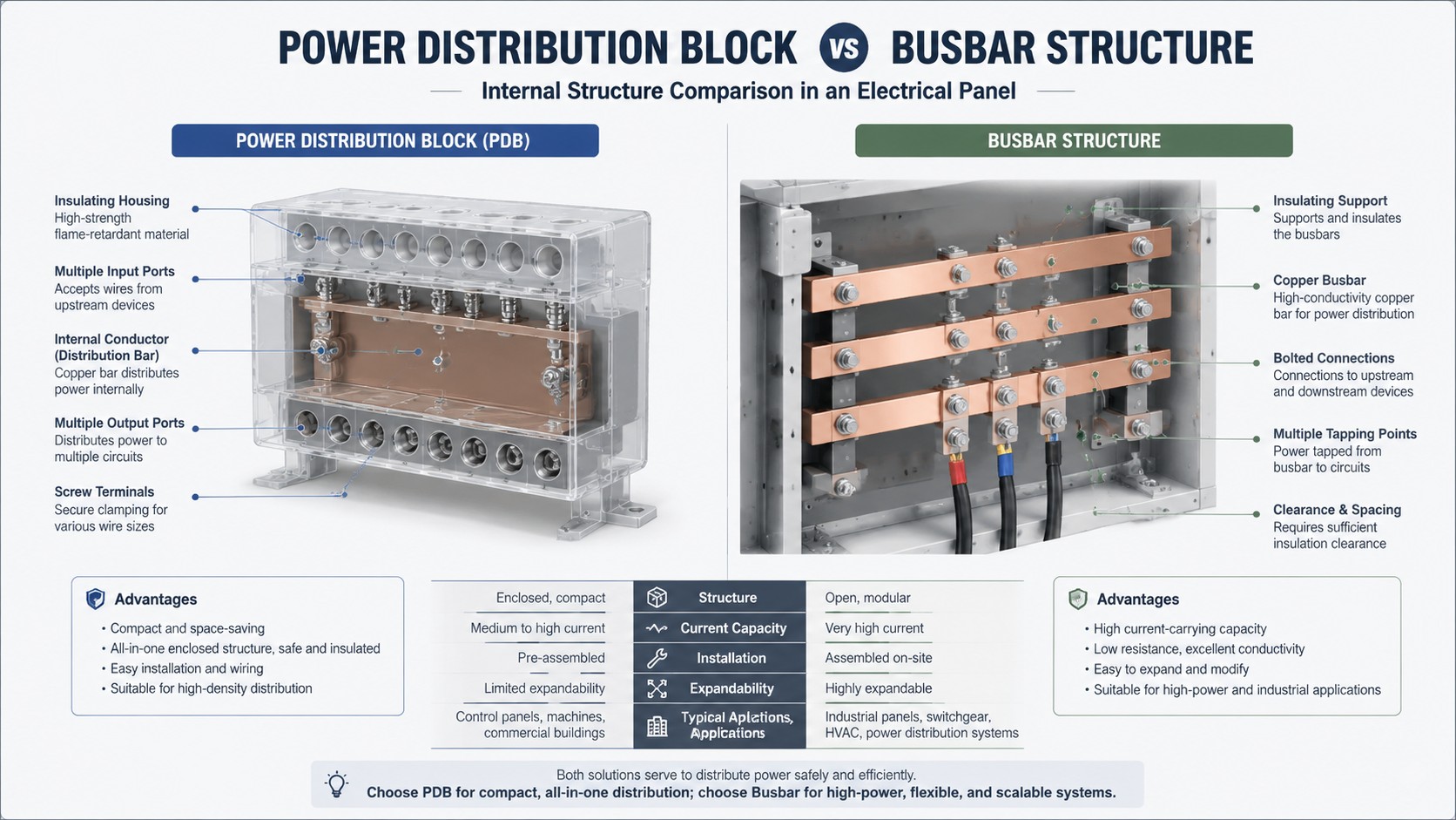 Technical diagram comparing the structure of a power distribution block and a busbar in an electrical panel