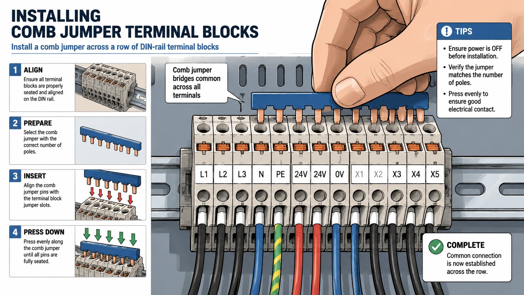 Installing a comb jumper across a row of DIN-rail terminal blocks
