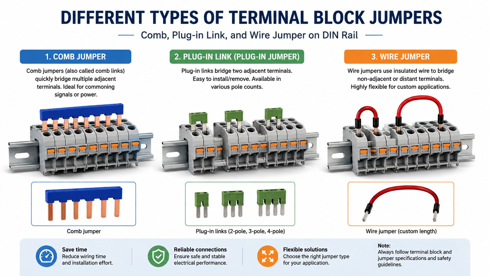 Different types of terminal block jumpers: comb, plug-in link, and wire jumper