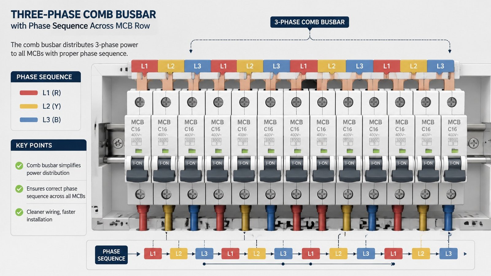 Three-phase comb busbar with phase sequence across a row of MCBs