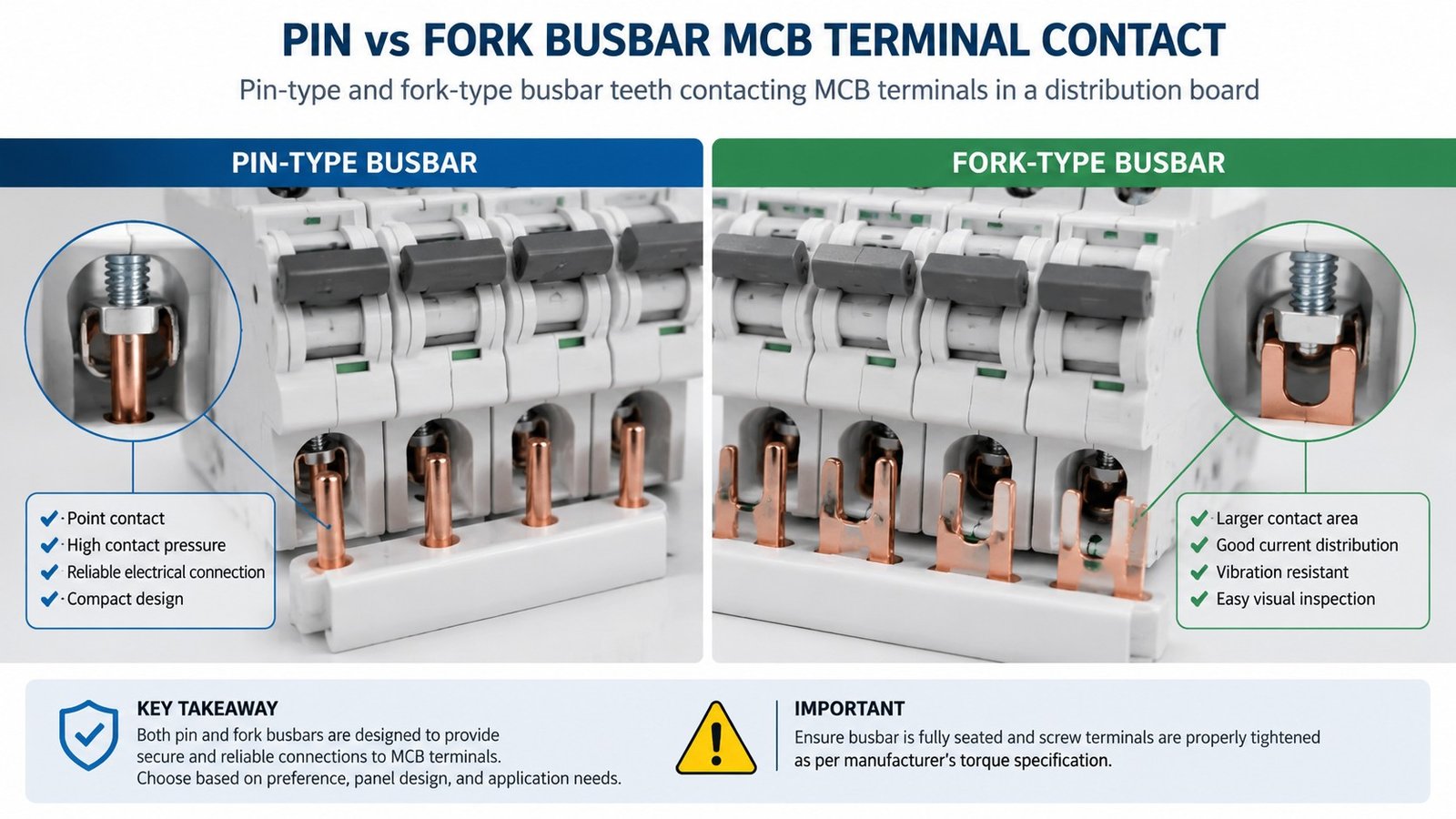 Pin-type and fork-type busbar teeth contacting MCB terminals