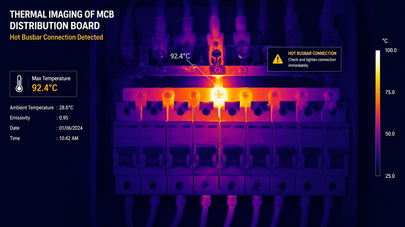 Thermal imaging of an MCB distribution board showing a hot busbar connection