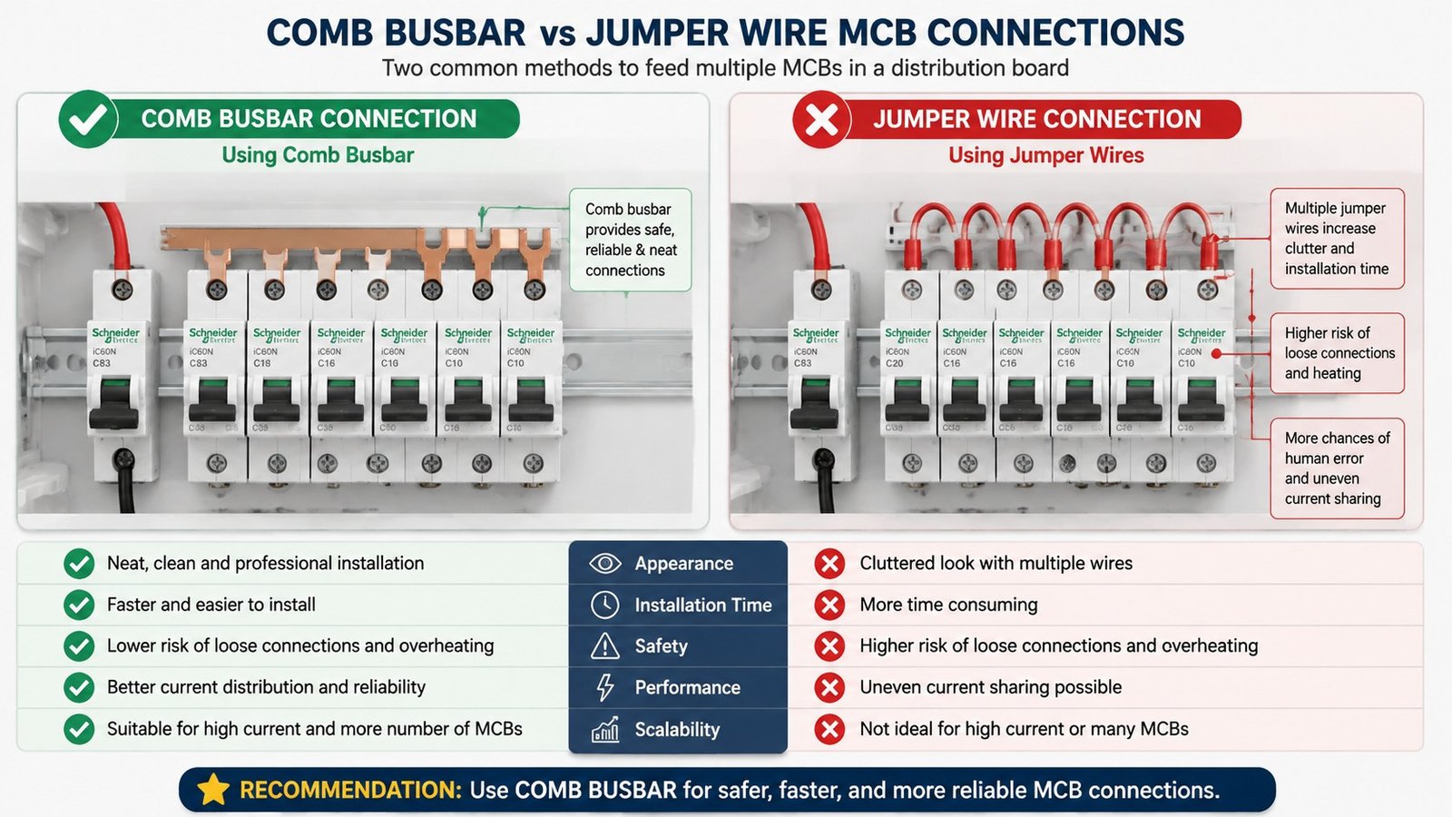 Comb busbar installed across a row of MCBs compared with jumper wire connections
