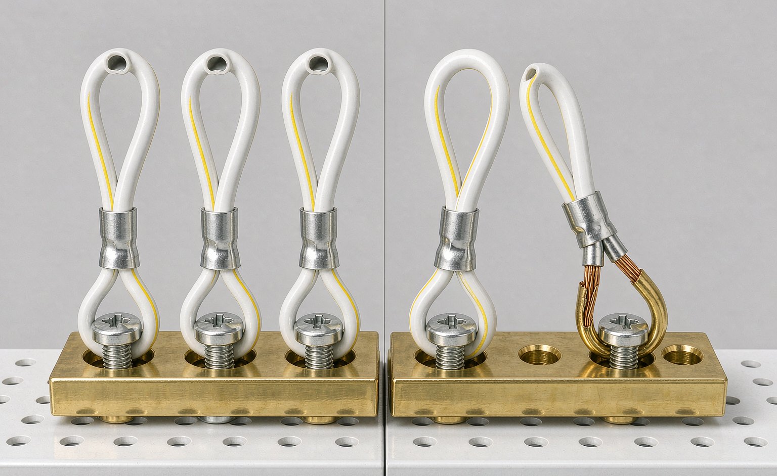 Close-up comparison of a correctly wired neutral bar with one white conductor per screw versus a defective bar with two conductors doubled under a single terminal