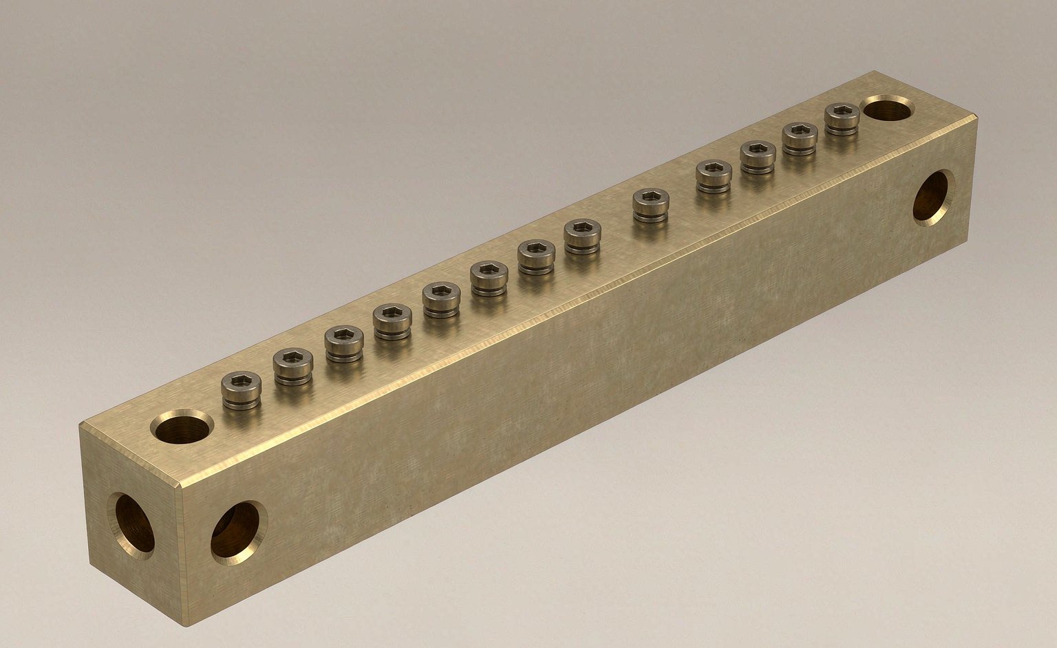 Technical dimension drawing of a single-row brass neutral bar labelling overall length L1, mounting centre L2, body width W, profile height H and terminal screw positions