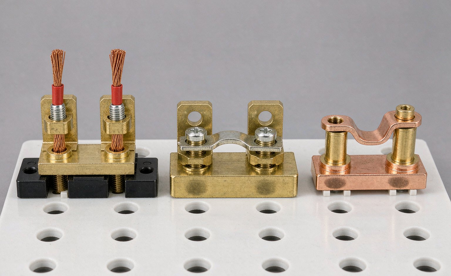 Cross section comparison of three neutral bar terminal designs showing direct screw pressure, saddle bridge clamp and U link joining two terminals